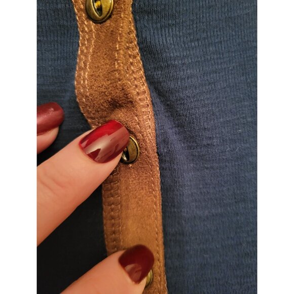 Chaps Navy Blue Henley Tee Faux Suede Trim M Preppy Western Spring Nautical - Picture 6 of 7